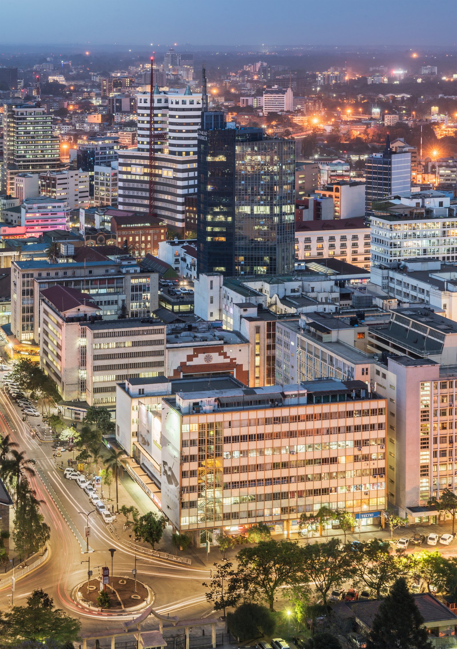 Modern buildings downtown Nairobi, at dusk, Nairobi Area, Kenya, Africa